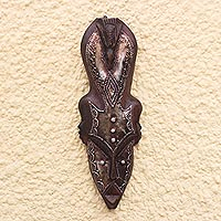 African wood mask, 'Solemn Bird' - Bird-Themed Rustic African Wood Mask from Ghana