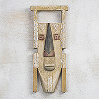 African wood mask, 'Anuonyam' - Rustic African Wood Mask in Beige from Ghana