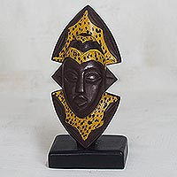 African wood mask, 'Aye Mu Ye' - African Wood Mask in Brown and Yellow from Ghana