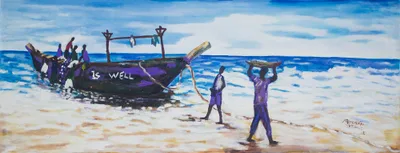 'New Arrival' - Signed Impressionist Painting of Fishermen from Ghana