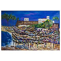 'Local Castle Beach Scene' (2018) - Signed Impressionist Beach Scene Painting from Ghana