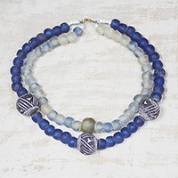 Recycled glass and ceramic beaded strand necklace,