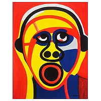 'A Big Head' - Signed Cubist Painting of a Face from Ghana