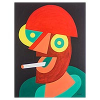 'Smoking is Harmful' - Signed Cubist Painting of a Man Smoking from Ghana