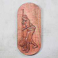 Wood relief panel, 'Traditional Milling' - Wood Relief Panel of a Woman Milling from Ghana