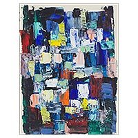 'Congregation' - Rectangle Motif Signed Abstract Painting from Nigeria