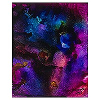 'Cosmos' - Blue and Purple Signed Abstract Painting from Nigeria