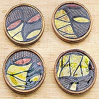 Wood coasters, 'Vibrant Ntoma' (set of 4) - Vibrant Wood and Cotton Coasters from Ghana (Set of 4)
