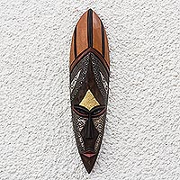 African wood mask, 'African Empress' - Tall African Wood Mask with Brass and Aluminum Accents