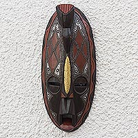 African wood mask, 'Majesty Gleam' - Brass and Aluminum Accented African Wood Mask from Ghana