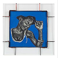 'Purple Attitude - Glass Framed Sculpture of a Woman on Blue from Ghana