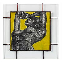 'Peaceful' - Glass Framed Artistic Nude Painting on Yellow from Ghana