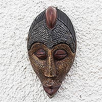 Brass and aluminum accented African wood mask, 'Gleaming Face' - Brass and Aluminum Accented African Wood Mask from Ghana