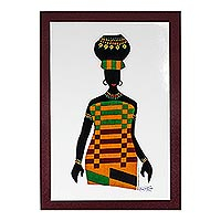 'Ama with Pot in Kente' - Kente Cotton Accented Painting of an African Woman