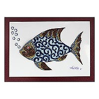 'Fish in Blue' - Modern Fish Painting with Printed Cotton Accent in Blue