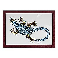 'Wall Gecko in Blue' - Modern Gecko Painting with Printed Cotton Accent in Blue