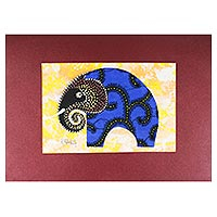 'Blue Elephant' - Modern Elephant Painting with Printed Cotton Accent in Blue