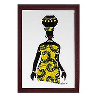 'Ama with Pot in Yellow' - Yellow Cotton Accented Painting of an African Woman