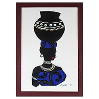 'Yaa in Blue' - Painting of an African Woman with Blue Cotton Accent