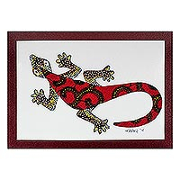 'Wall Gecko in Red' - Modern Gecko Painting with Printed Cotton Accent in Red