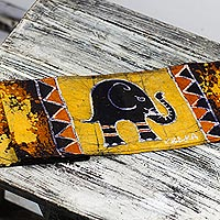 Batik cotton table runner, 'Daffodil Elephant' - Elephant-Themed Batik Cotton Table Runner from Ghana