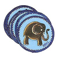 Hand painted cotton coasters, 'Blue Elephant' (set of 6) - Blue Cotton Elephant Coasters from Ghana (Set of 6)