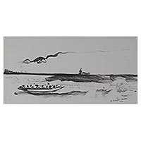 'Fading Faith Between Waters' - Signed Black and White Seascape Painting from Ghana