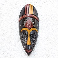 African wood mask, 'Face of Greatness' - Colorful Aluminum Accented African Wood Mask from Ghana