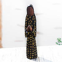 Wood sculpture, 'Mary in Prayer' - Black and Yellow Wood Mary Sculpture from Ghana