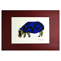 'Hippopotamus Blue' - Signed Hippo Painting with Printed Cotton in Blue from Ghana