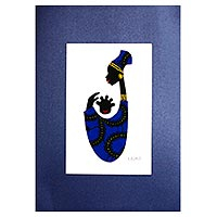 'Baby Kaa Fo II' - Signed Mixed Media Painting of an African Mother in Blue