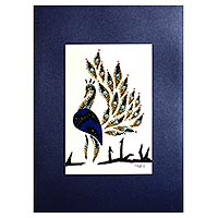 'Peacock Blue' - Signed Mixed Media Painting of a Peacock from Ghana