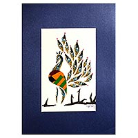 'Peacock' - Signed Mixed Media Painting of a Peacock in Orange
