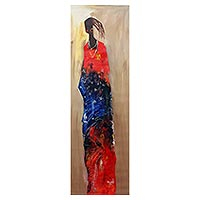 'Waiting' - Expressionist Acrylic Portrait of Woman in Red & Blue Dress