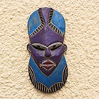 African wood mask, 'Gyidi Face' - Blue and Purple African Wood Mask from Ghana