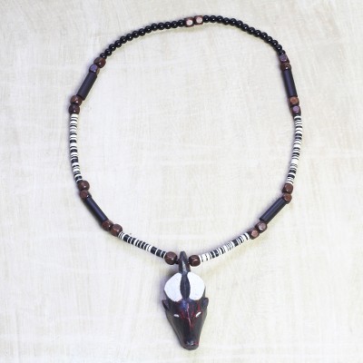 Wood and recycled glass beaded pendant necklace, Precious Goat