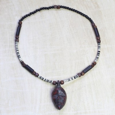 Wood and recycled glass beaded pendant necklace, Dan Mask