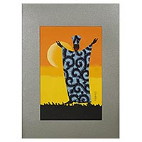'Rejoice III' - Signed Painting of an African Man in Blue Cotton Clothing