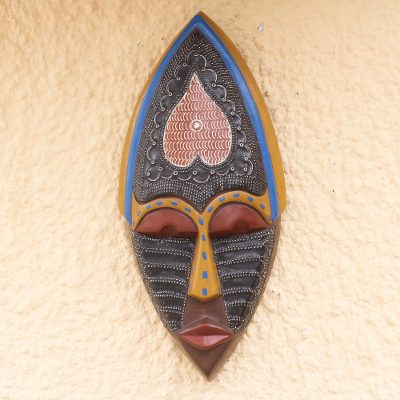 African wood mask, 'Upside-Down Heart' - Heart-Themed African Wood Mask from Ghana