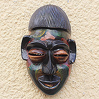 African wood mask, 'Colorful Ewe' - Multicolored African Wood Mask Crafted in Ghana