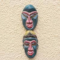 African wood mask, 'Green Twins' - Twin-Themed African Sese Wood Mask from Ghana