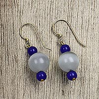 Cat's eye and recycled glass beaded dangle earrings, 'Graceful Complement' - Cat's Eye and Recycled Glass Beaded Dangle Earrings
