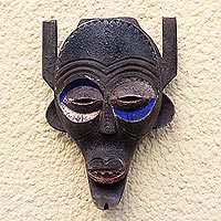African wood mask, 'Zimba Horns' - Zimba-Inspired African Wood Mask from Ghana