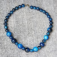 Agate beaded necklace, 'Blue Nsroma' - Blue Agate Beaded Necklace from Ghana