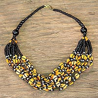 Glass beaded necklace, 'Orange Ghanaian Thank You' - Black and Orange Ghanaian Necklace of Recycled Beads