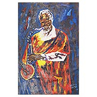 'Jazz Music I' - Signed Expressionist Painting of a Musician from Ghana