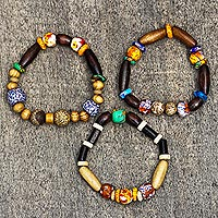 Wood and recycled glass beaded stretch bracelets, 'Eco Friends' (set of 3) - Wood and Recycled Glass Beaded Stretch Bracelets (Set of 3)