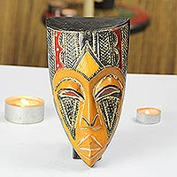 African wood mask, 'Kamgoli Be' - Rustic African Wood Mask in Orange from Ghana