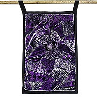 Batik cotton wall hanging, 'Royal Drummer' - Batik Cotton Wall Hanging of a Woman in Purple from Ghana
