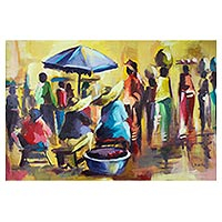 'Market Day Today' - Signed Impressionist Market Scene Painting from Ghana